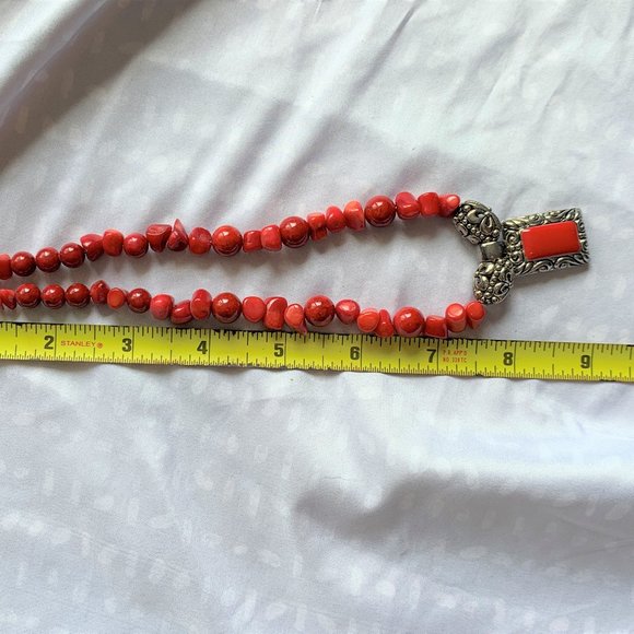 JEWELRY - 9" Apple red coral bead necklace earrings set silver pendant, western - Picture 8 of 8